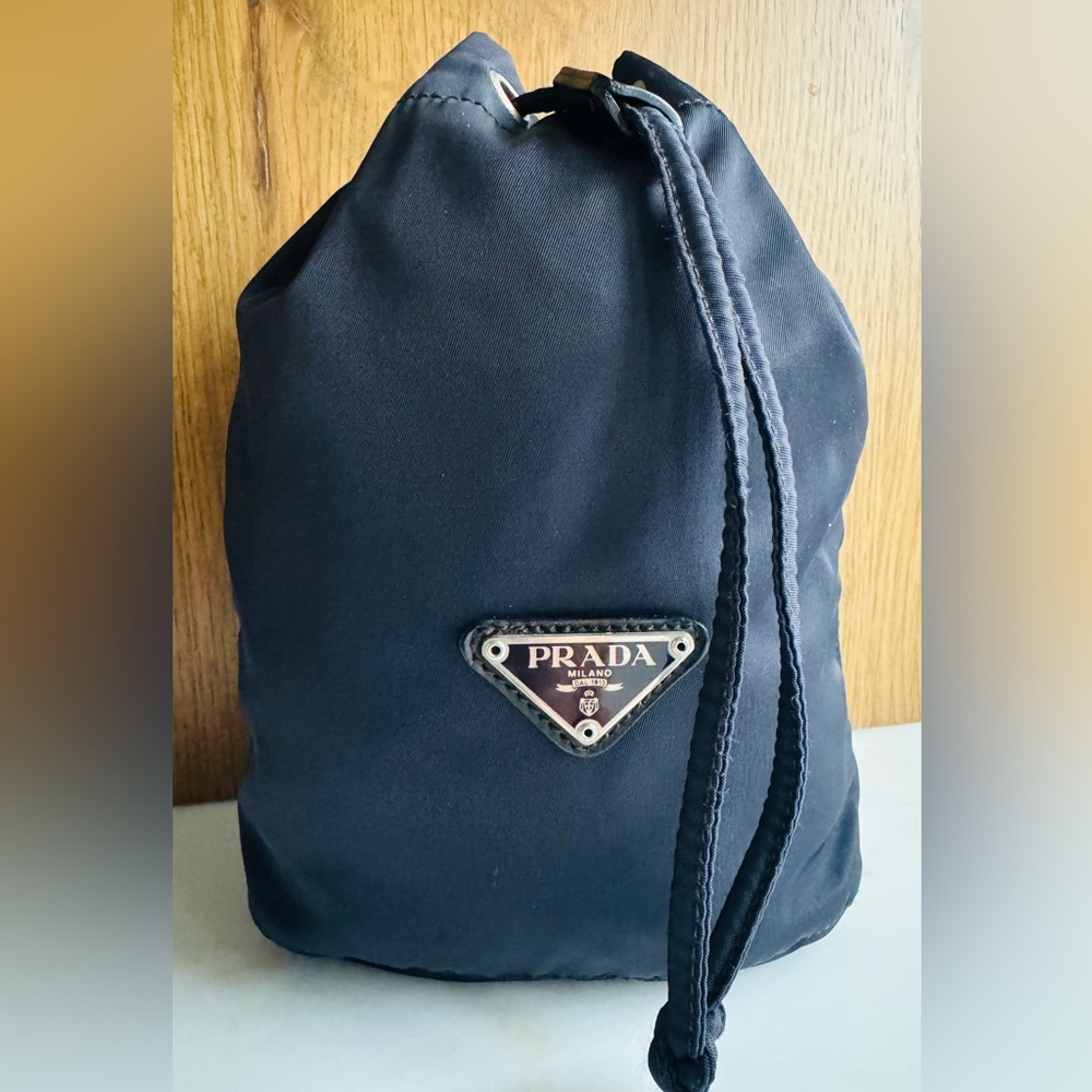 PRADA Black Nylon Drawstring Pouch Bag + Added Black/Silver Chain Crossbody - Picture 2 of 8
